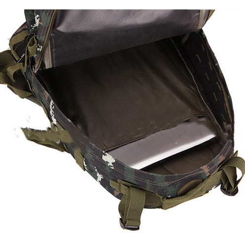 Tactical camouflage mountaineering backpack with olive green straps and dark interior lining designed for hiking.
