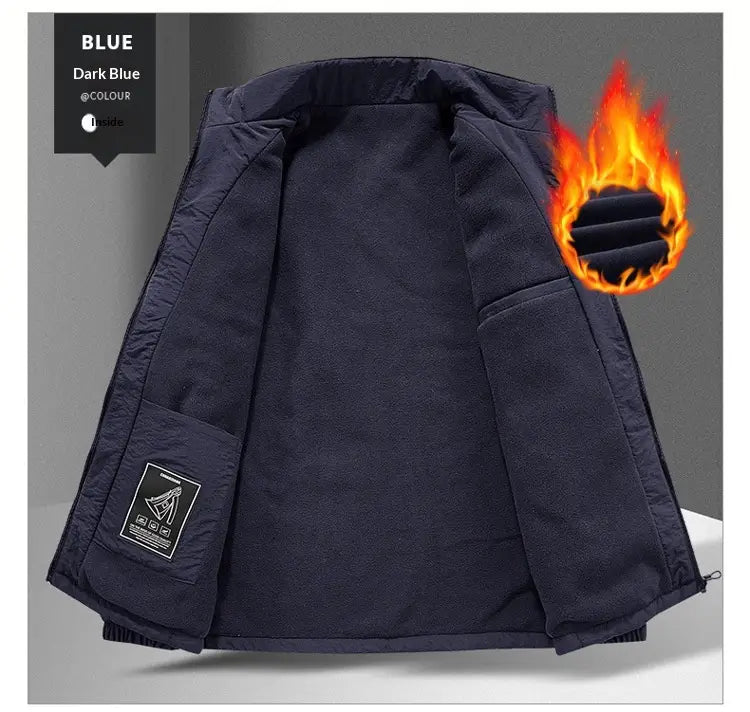 Dark blue quilted fleece stand collar sports jacket with insulated vest and fleece lining.