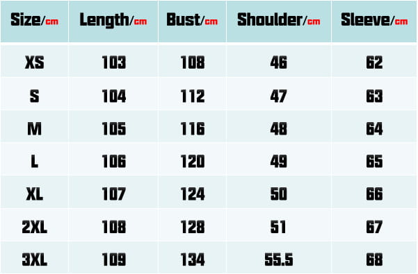 Size chart for a women’s woolen trench coat above the knee showing measurements in centimeters for sizes xs to 3xl.