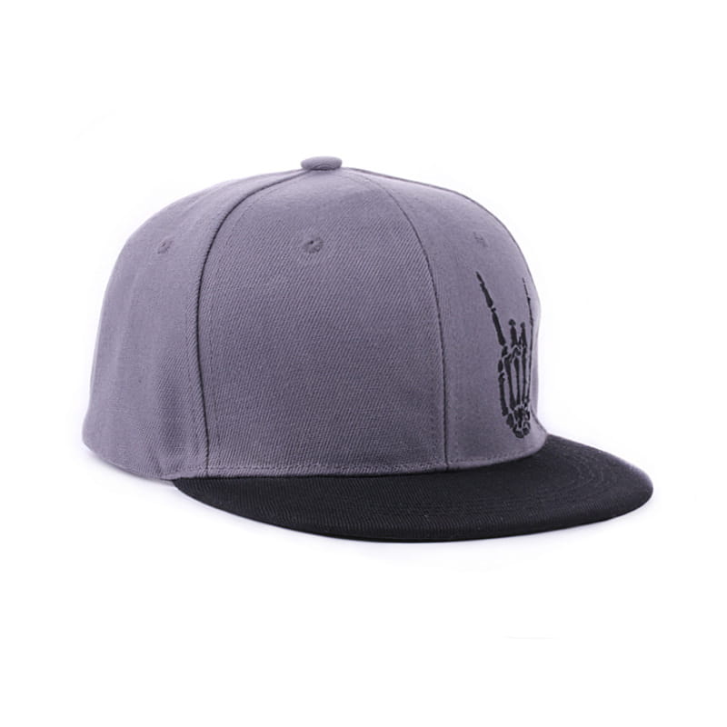 Gray and black snapback baseball cap featuring a stitched skeleton hand gesture emblem on the side.