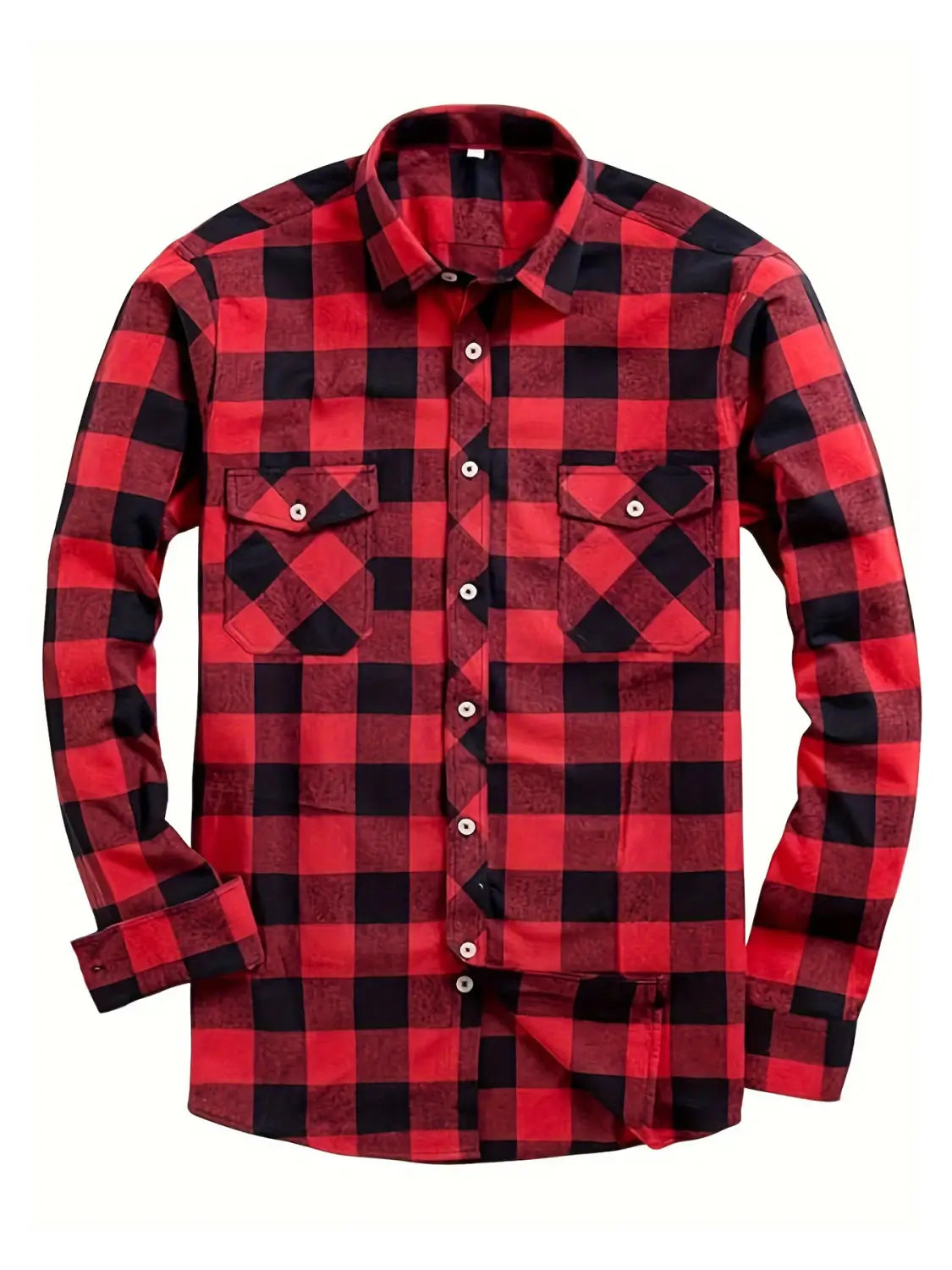 Men’s slim fit plaid flannel button up shirt in red and black with long sleeves and two chest pockets.