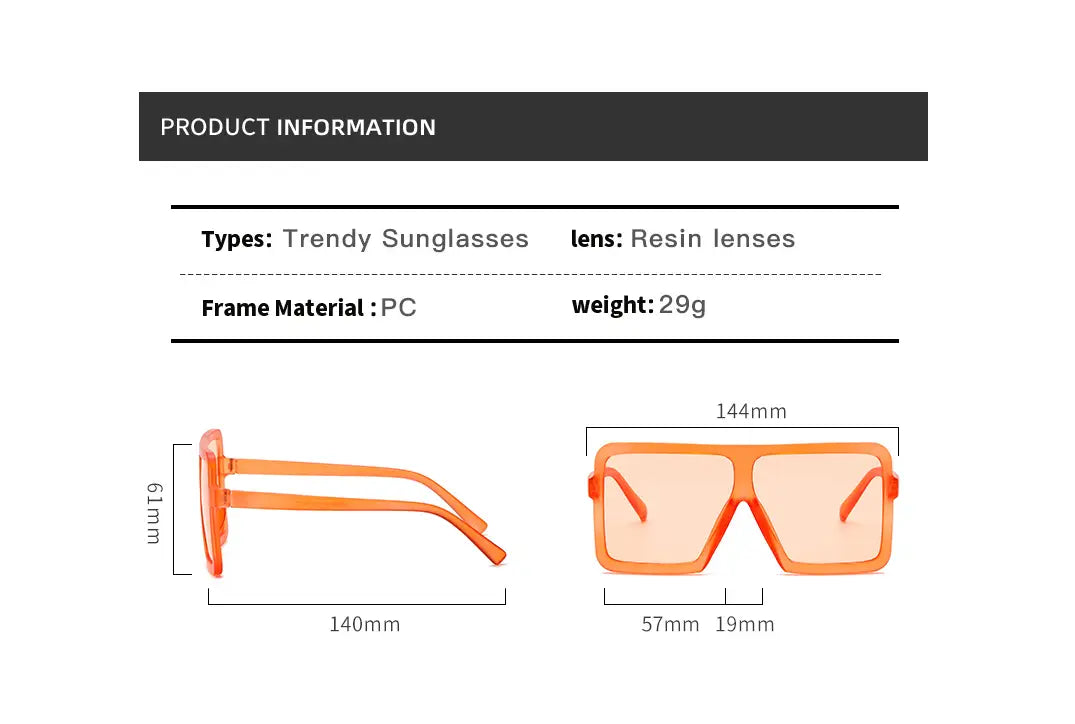 Orange oversized square translucent UV400 fashion sunglasses with rectangular resin lenses and a PC frame.