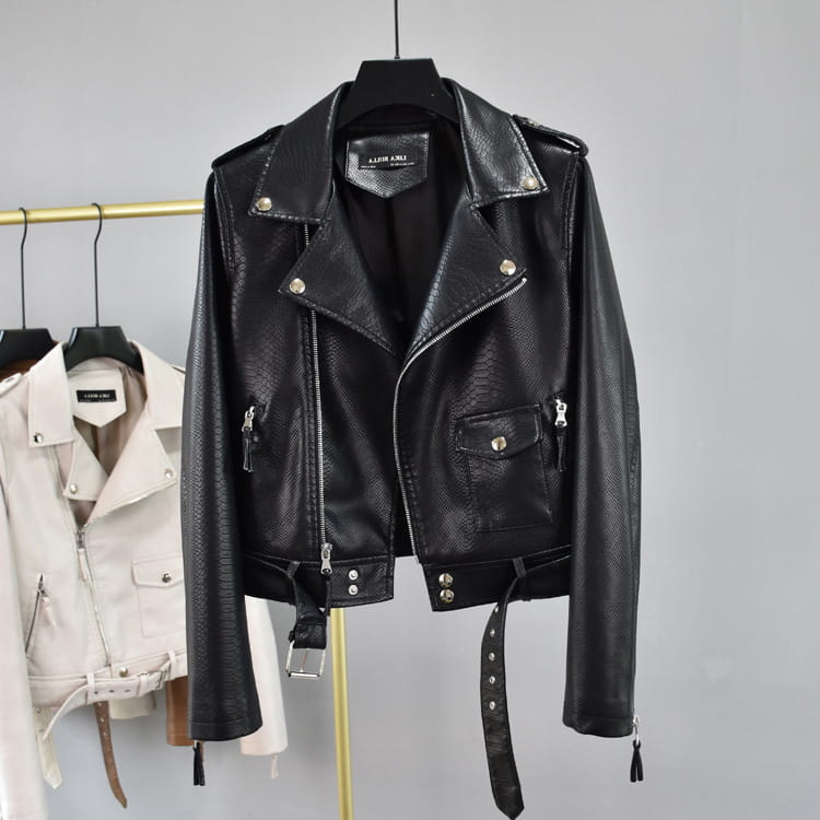 Black cropped biker jacket featuring a crocodile faux leather texture with a snakeskin pattern and silver-toned hardware.