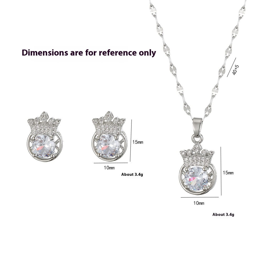 Silver crown zircon necklace and earring jewelry set featuring a silver pendant with a central clear crystal and surrounding pave stones paired with matching stud earrings.