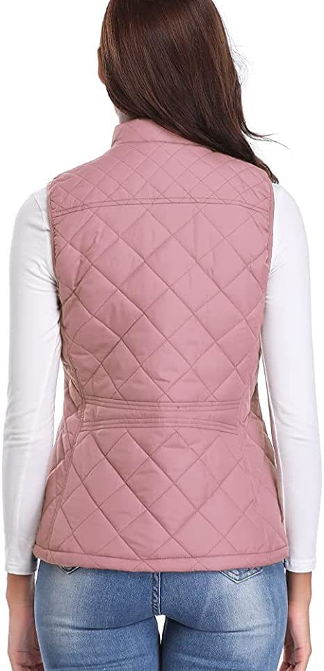 chaleco acolchado de algodón rosa para mujer con cuello alto, bolsillos y dobladillo tipo peplum