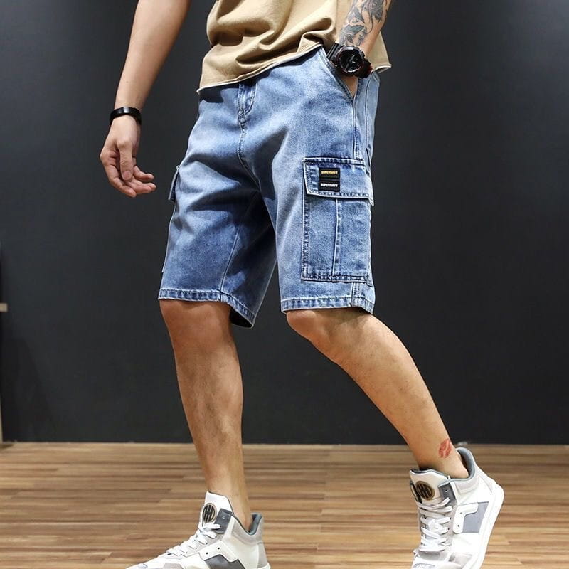 Light-wash denim cargo shorts featuring a cargo pocket design and subtle fading suitable for youth workwear.