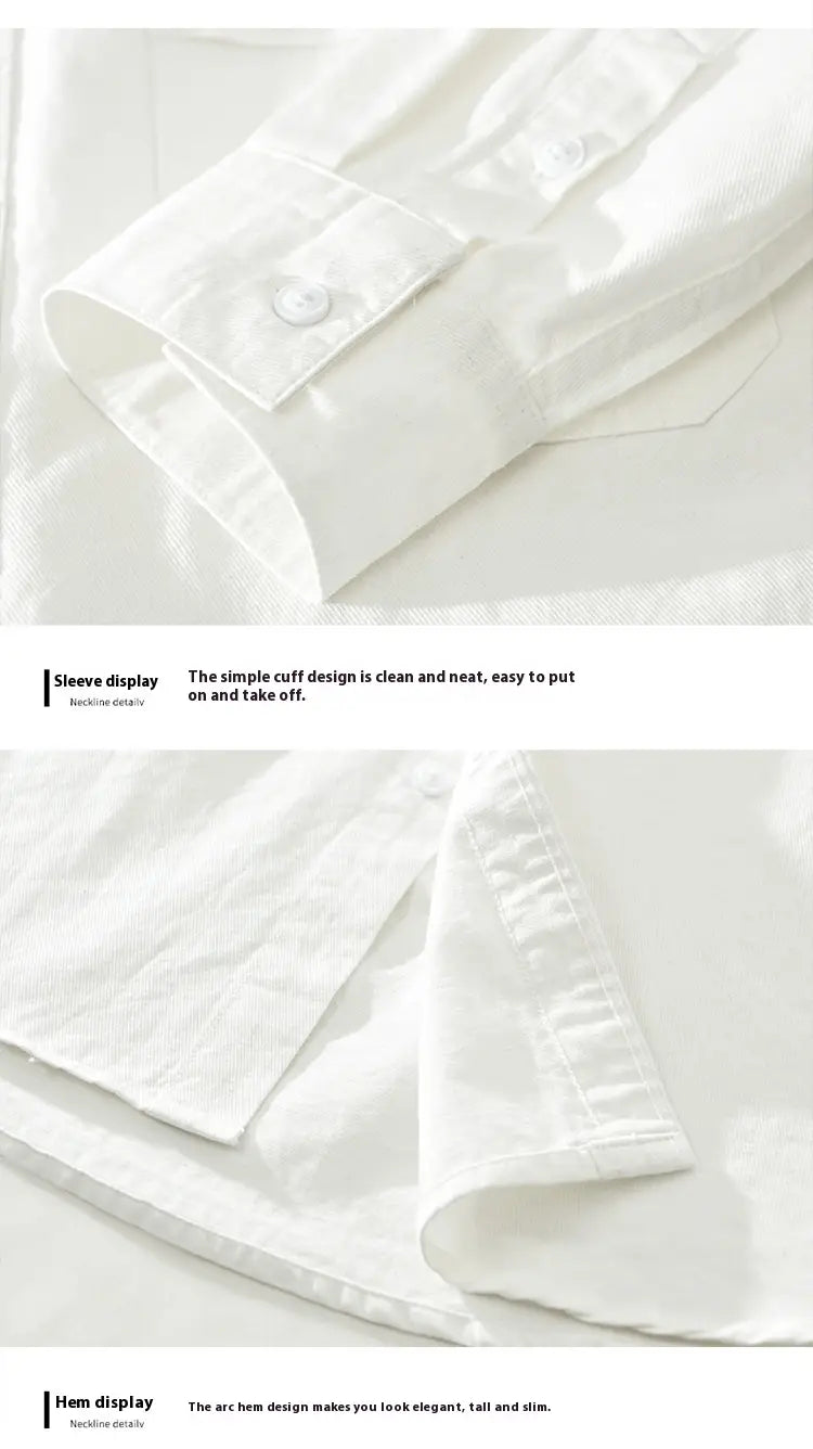 Chemise blanche en coton style japonais à manches longues et ouverture boutonnée pour homme, avec un revers de manche propre et simple et un ourlet en forme d’arc élégant.