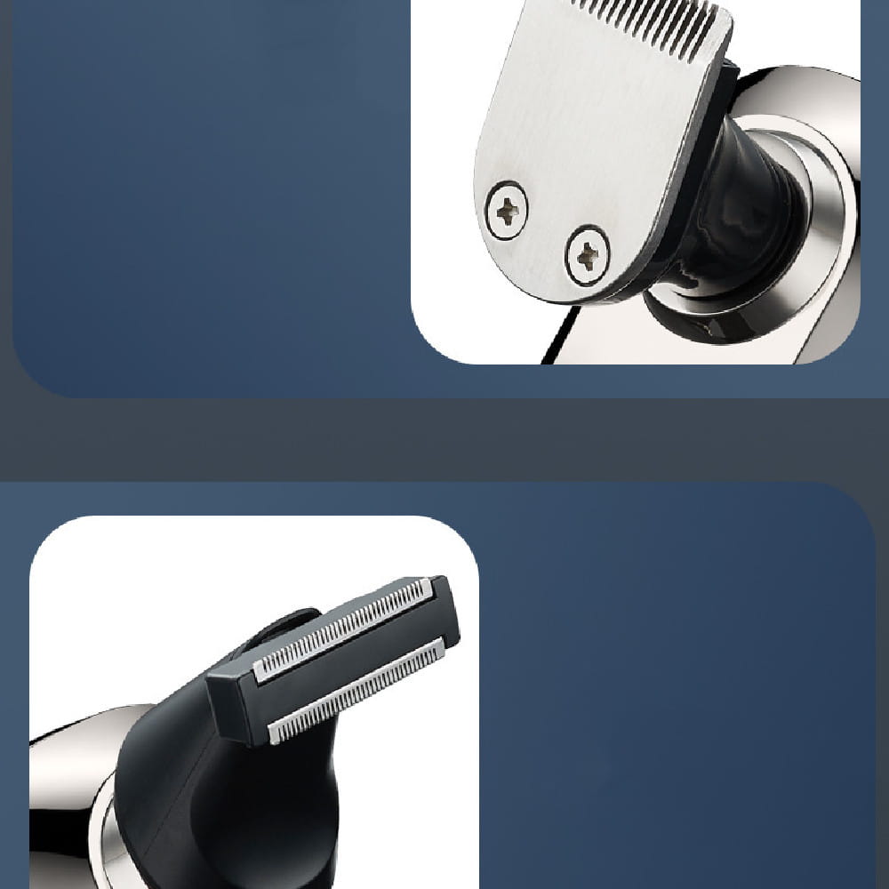 Silver and black electric hair trimmer with a sleek modern design featured in the 8-in-1 electric head shaver waterproof grooming kit.