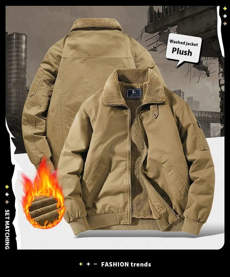 Men cotton shearling bomber jacket in tan washed cotton with plush fleece-lined collar and interior for warmth and style.