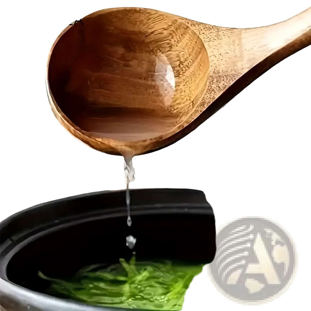 A smooth light brown acacia wood spoon with glossy finish drizzling golden honey into green noodles in kitchen set
