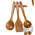 Set of three natural acacia wood kitchen utensils including a slotted spoon spatula and solid ladle with smooth handles