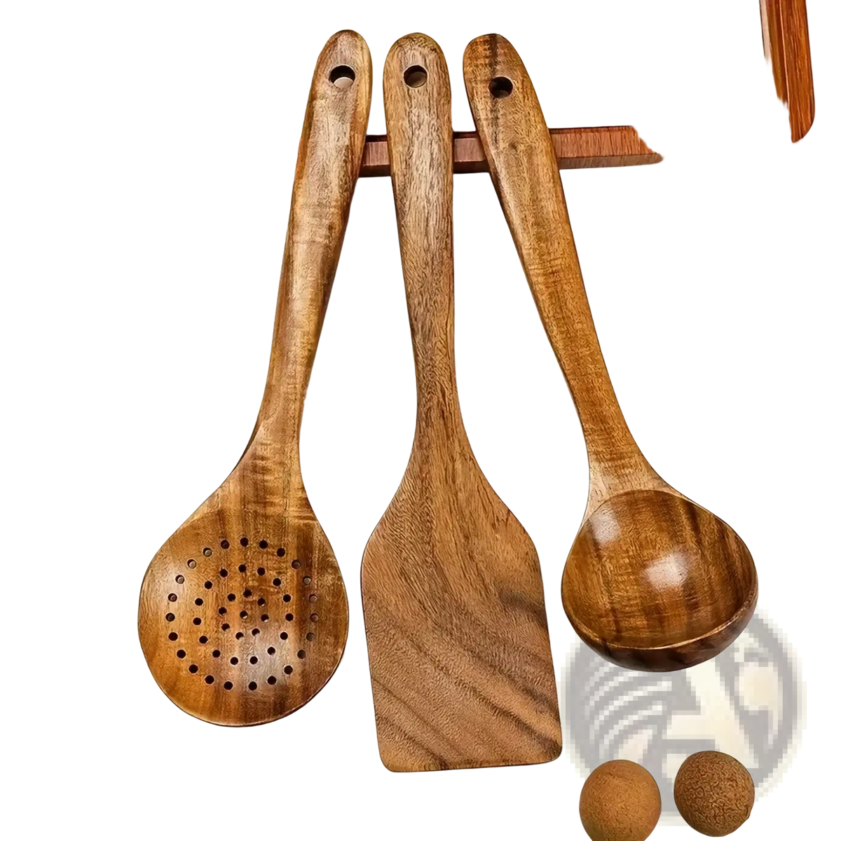 Set of three natural acacia wood kitchen utensils including a slotted spoon spatula and solid ladle with smooth handles