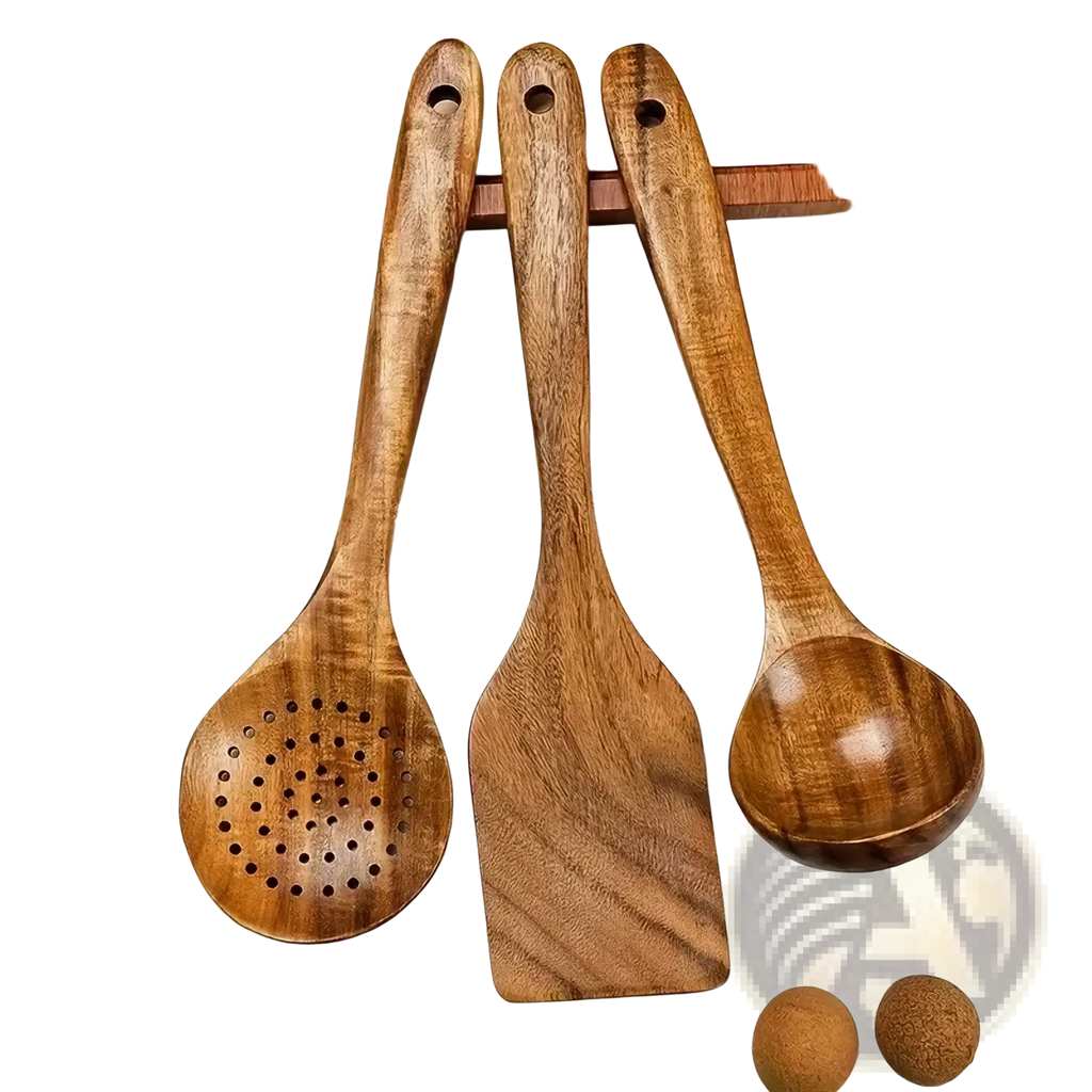 Set of three natural acacia wood kitchen utensils featuring slotted spoon spatula and solid ladle with smooth handles