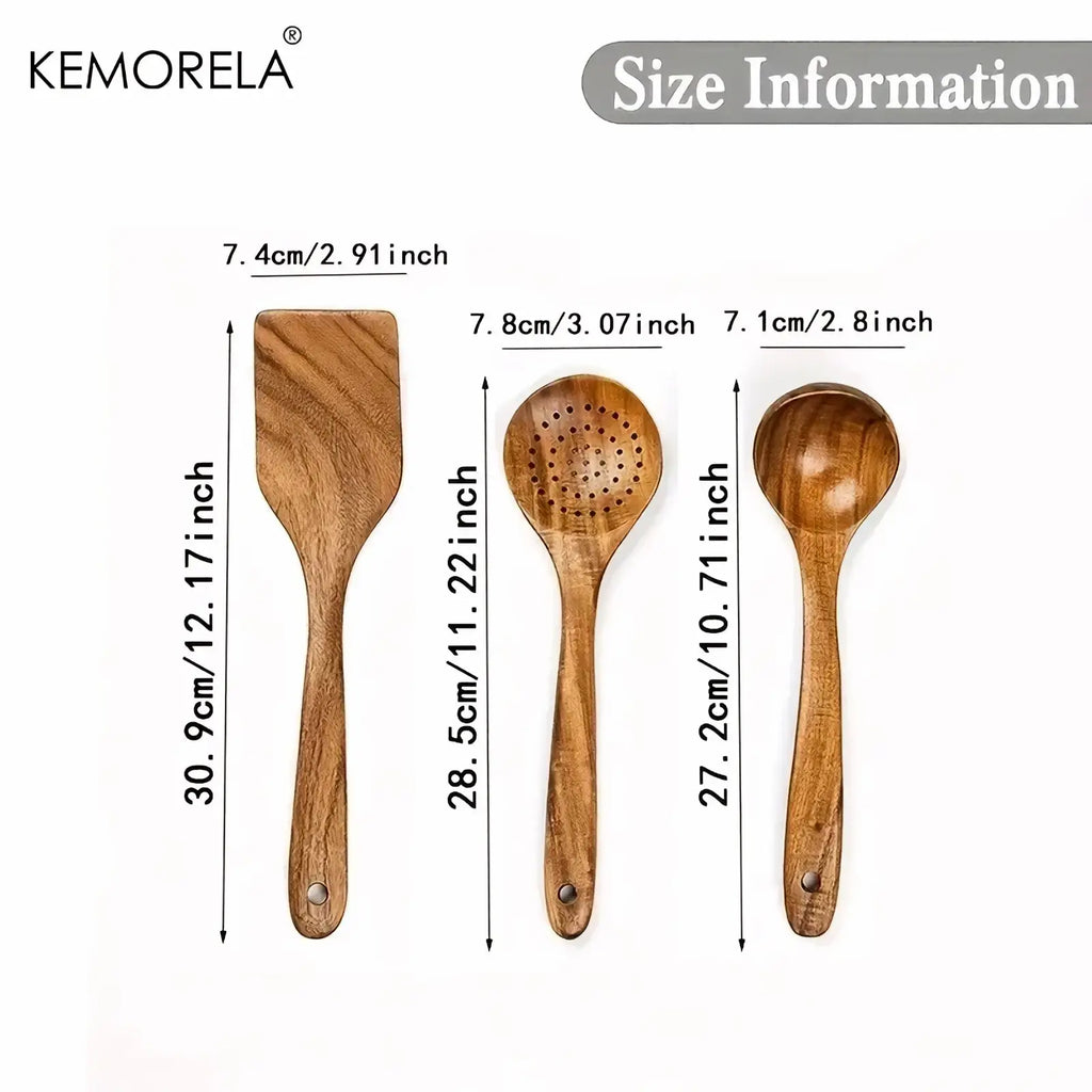 Set of three acacia wood kitchen utensils by kemorela including a spatula, perforated spoon, and smooth ladle