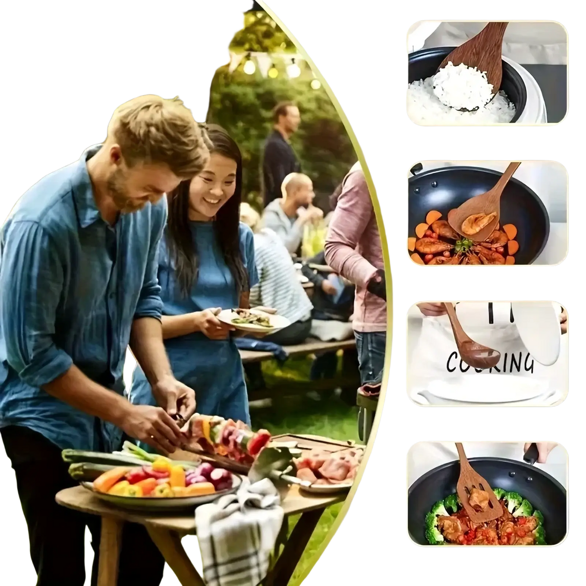 Wooden cooking spoon with smooth rounded handle and tapered head in acacia wood kitchen utensils set 3pcs