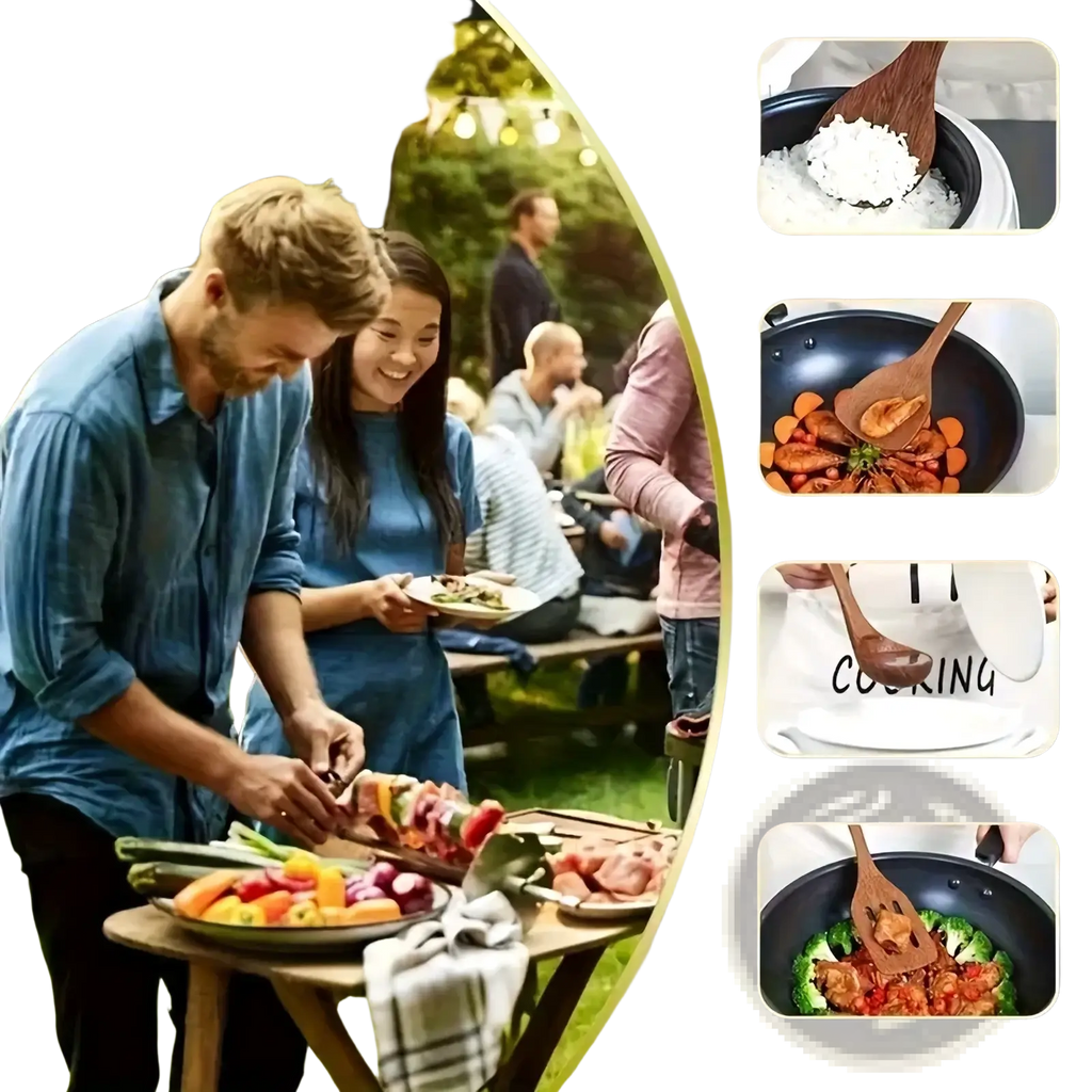 Wooden cooking spoon with smooth rounded handle and tapered head in acacia wood kitchen utensils set 3pcs