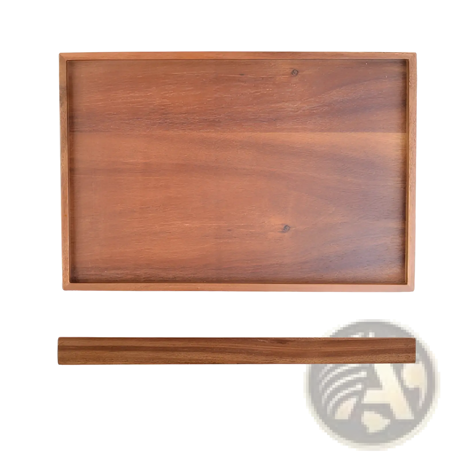 Acacia wood rectangular serving tray with a hand polished smooth medium brown finish and natural wood grain