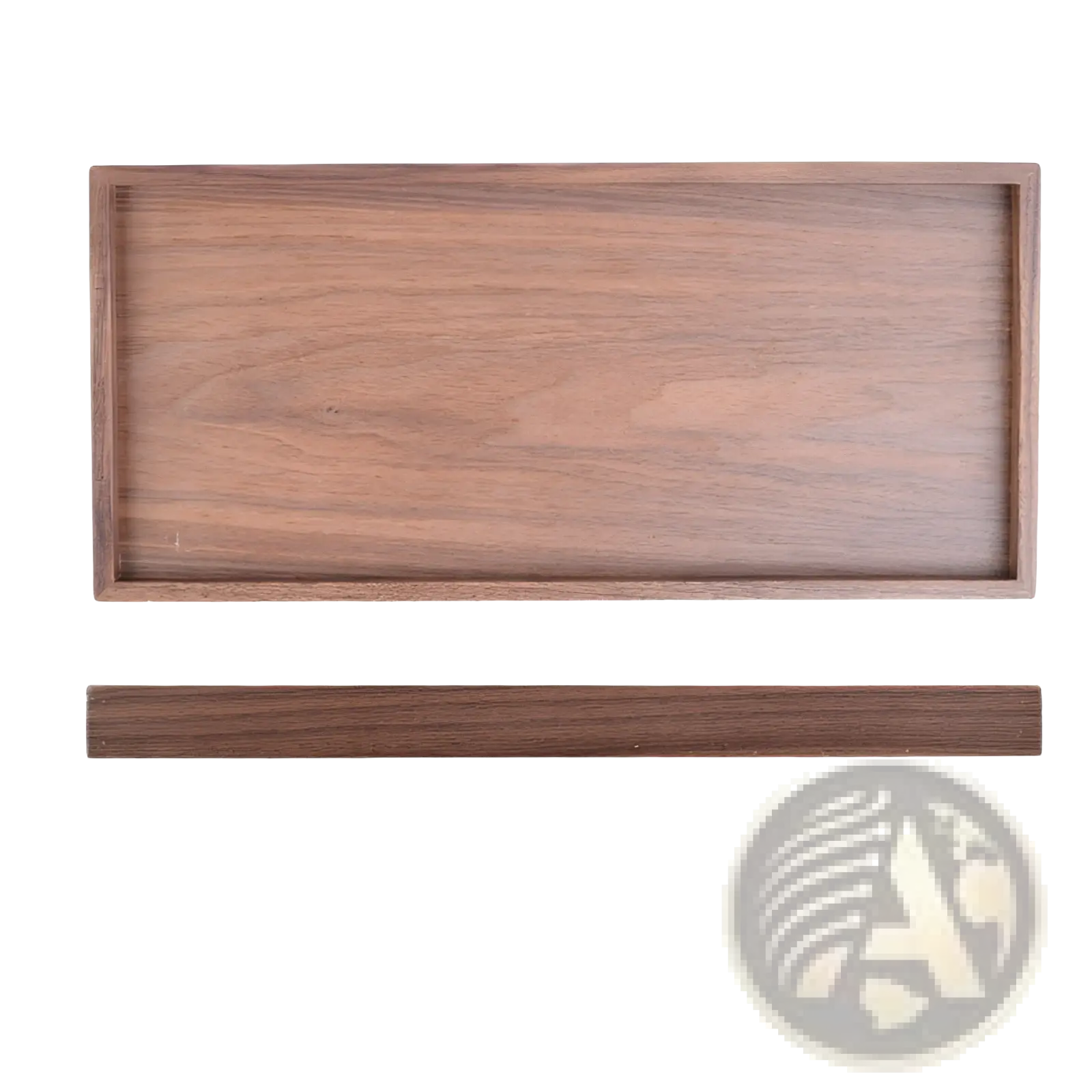 Acacia wood rectangular serving tray with smooth natural walnut grain finish and raised edges hand polished