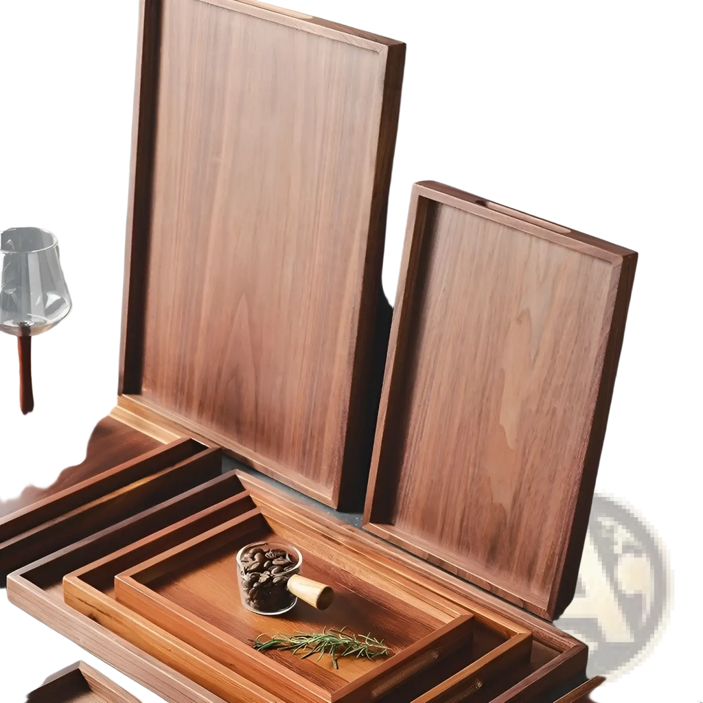 Set of acacia wood rectangular serving trays with warm brown finish and visible wood grain in varying sizes