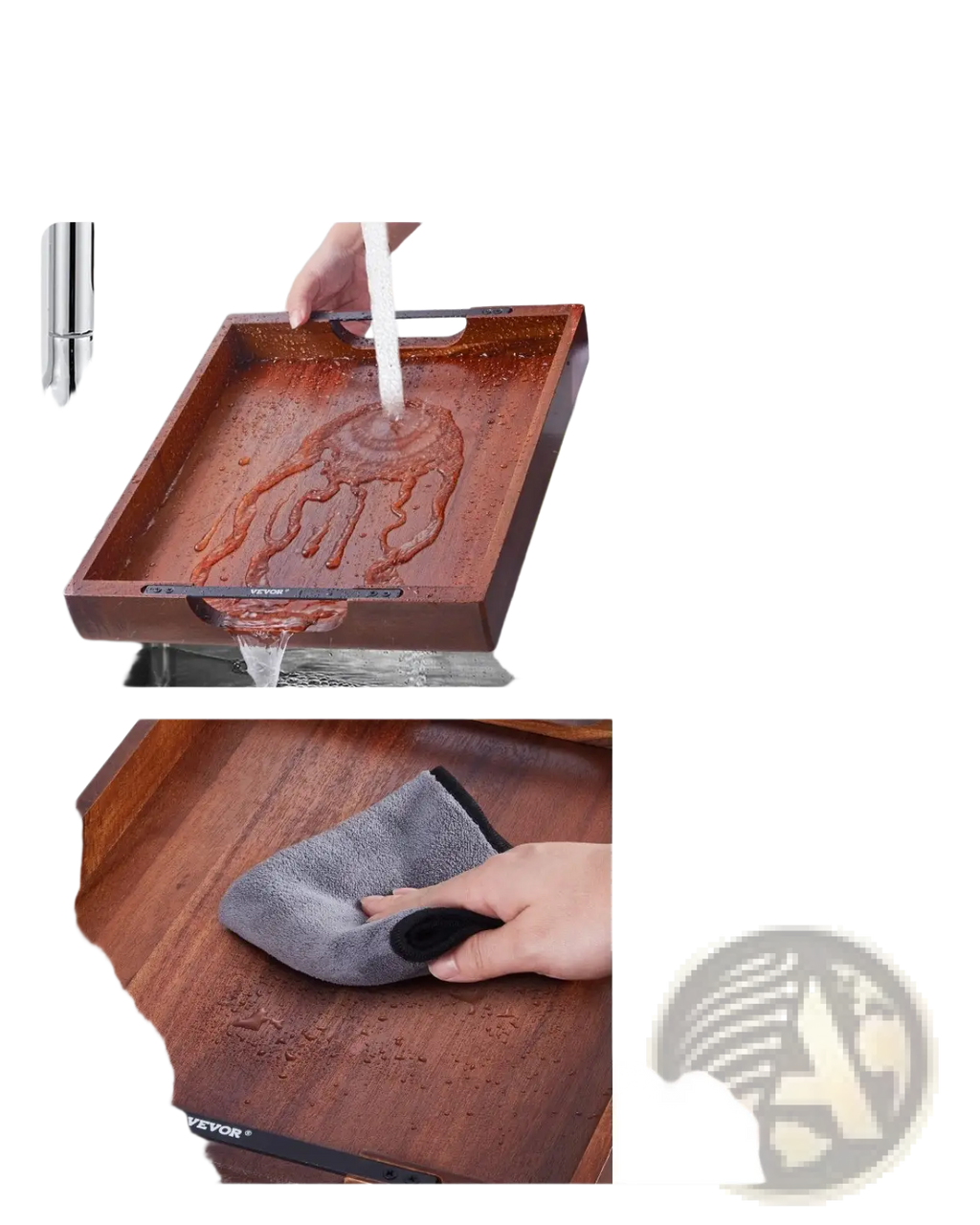 Acacia wood serving tray with rich dark brown wood, sleek black metal handles, and edge trim for serving