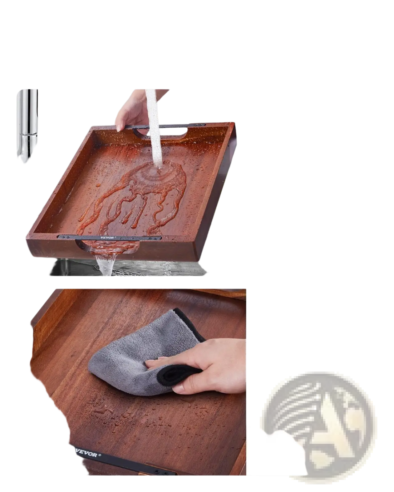Acacia wood serving tray with rich dark brown wood, sleek black metal handles, and edge trim for serving
