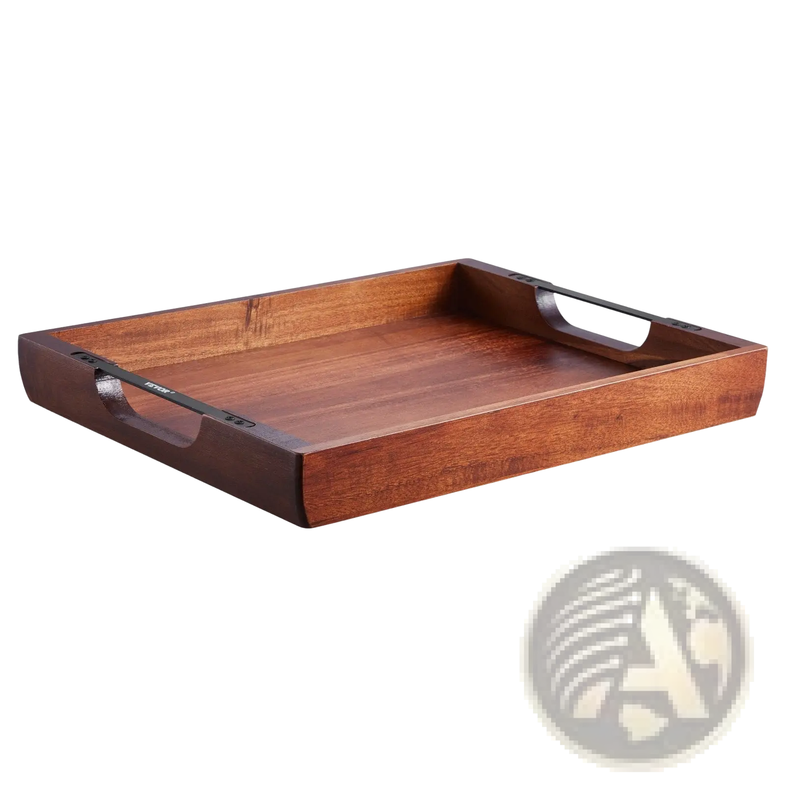 Rectangular acacia wood serving tray with black metal integrated handles and a warm brown finish