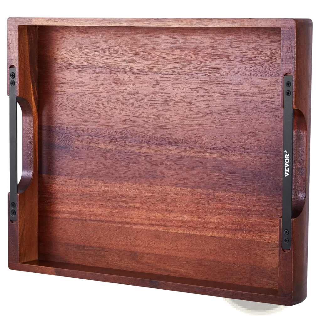 Rich mahogany acacia wood serving tray with sleek black metal handles and subtle Vevor brand engraving