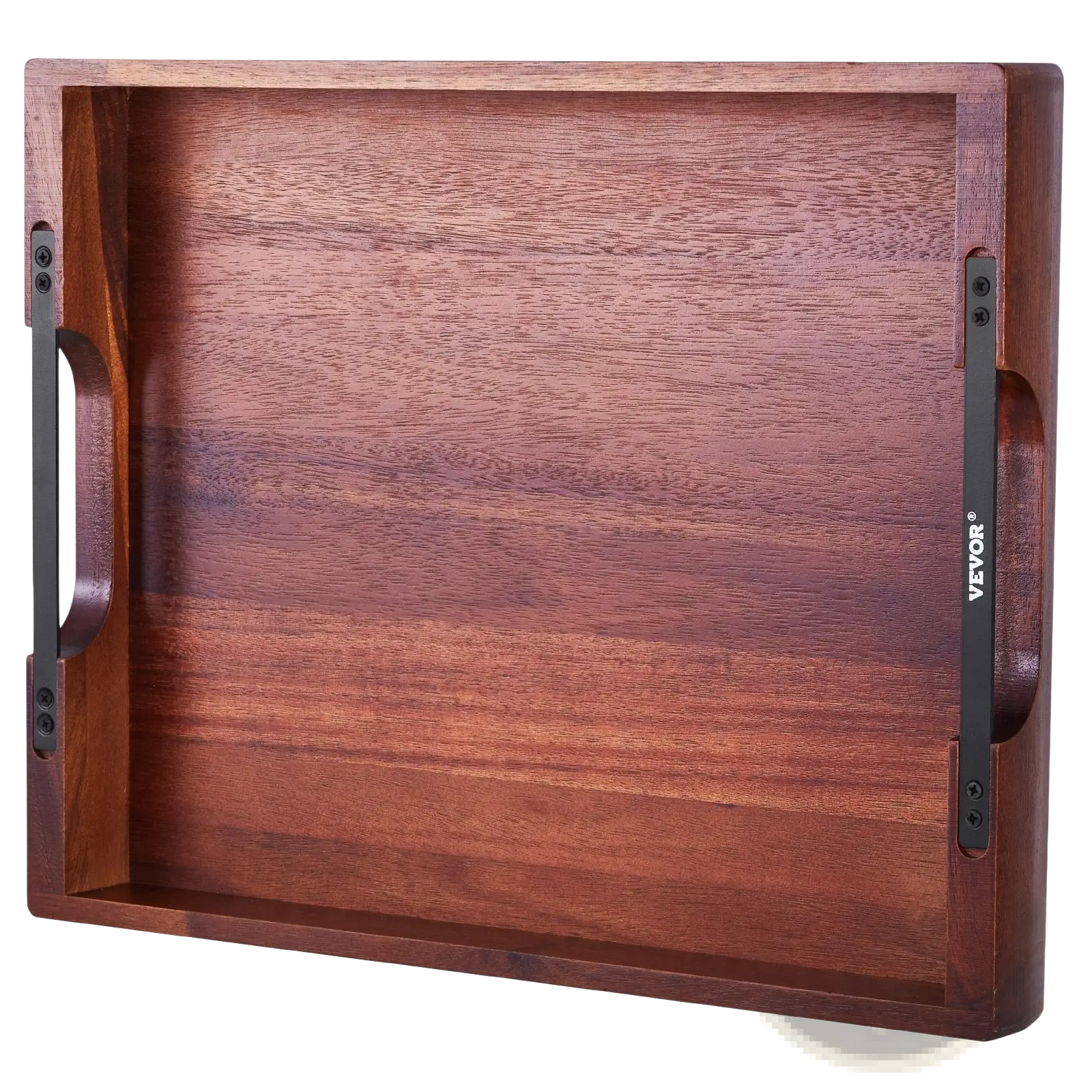 Rich mahogany acacia wood serving tray with sleek black metal handles and subtle Vevor brand engraving