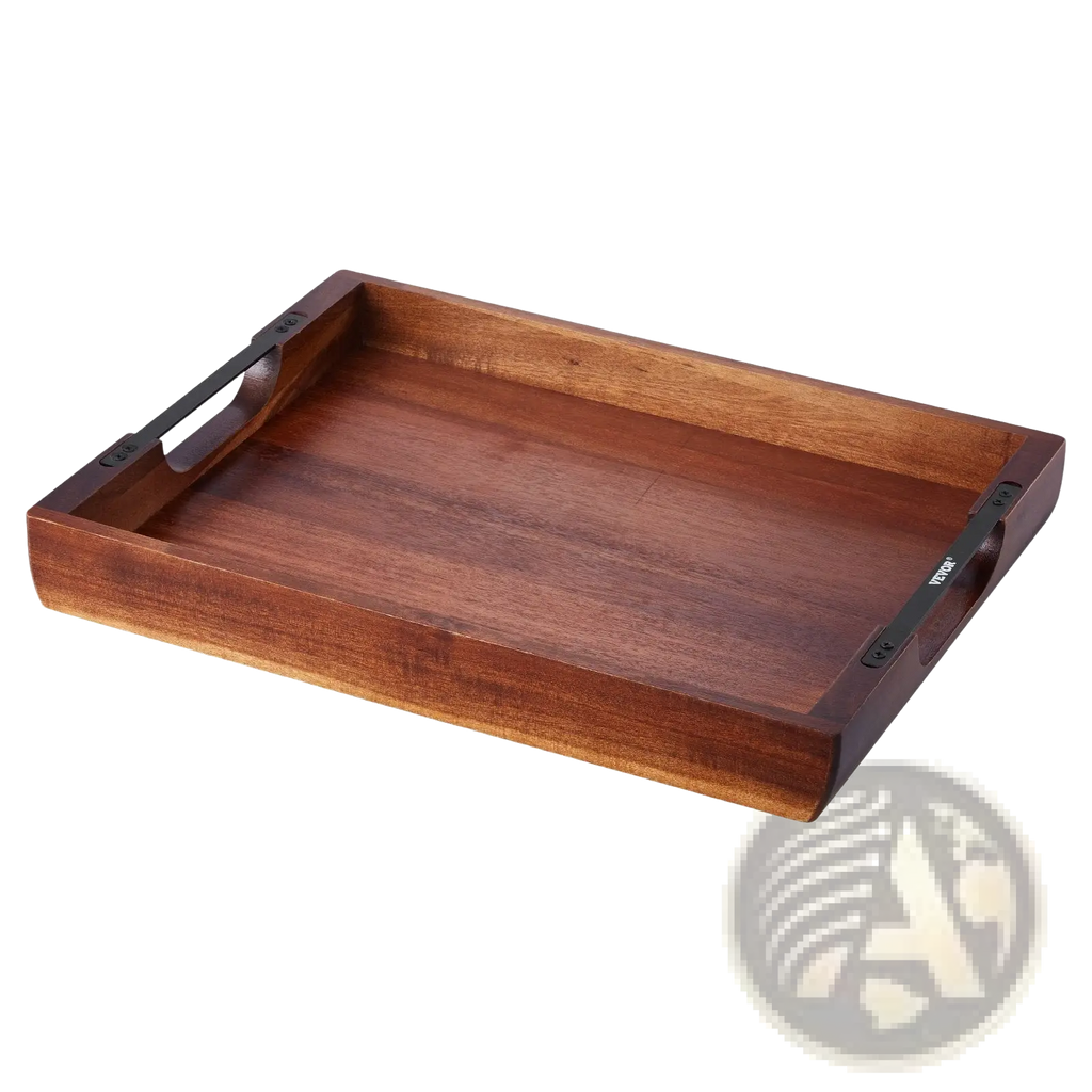 Rectangular acacia wood serving tray with integrated black metal handles on opposite sides for easy carrying