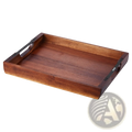 Rectangular acacia wood serving tray with integrated black metal handles on opposite sides for easy carrying