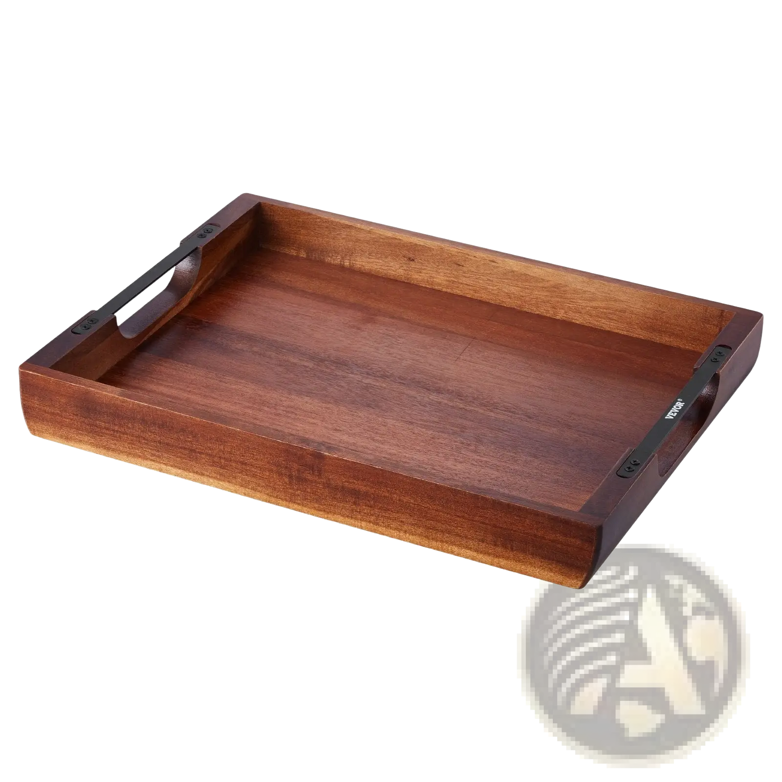 Rectangular acacia wood serving tray with integrated black metal handles on opposite sides for easy carrying