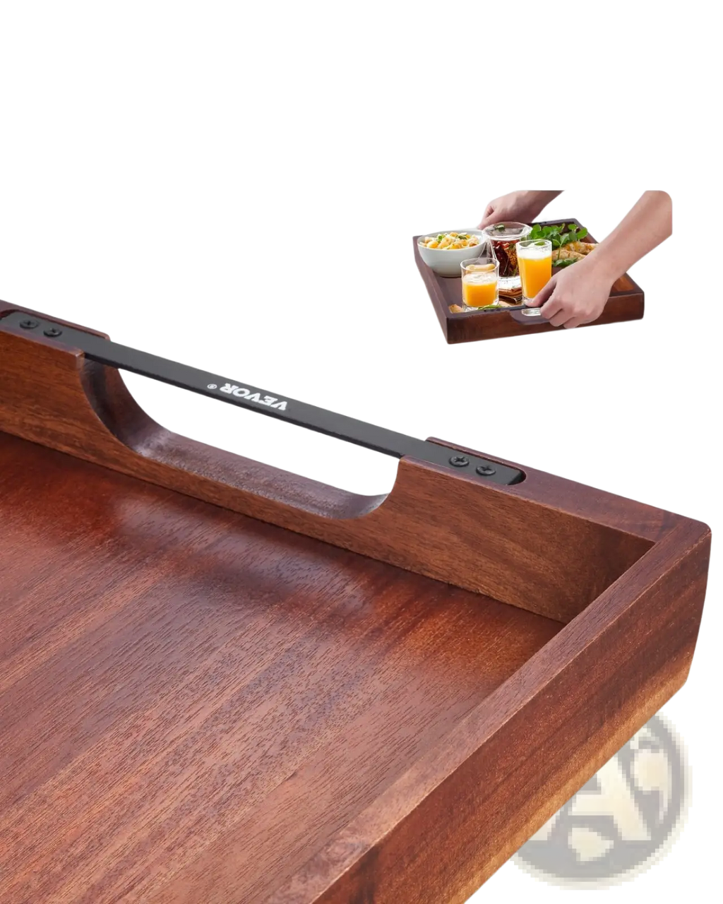 Acacia wood serving tray with sleek dark brown finish and black metal handles for comfortable grip and easy carrying