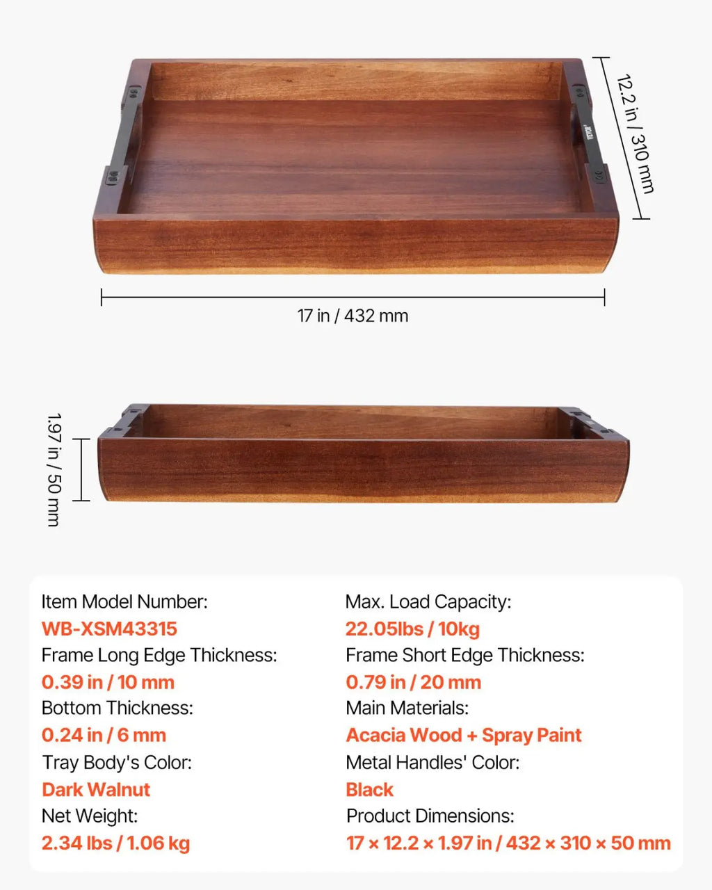 Dark walnut acacia wood serving tray with black metal handles for elegant serving and presentation