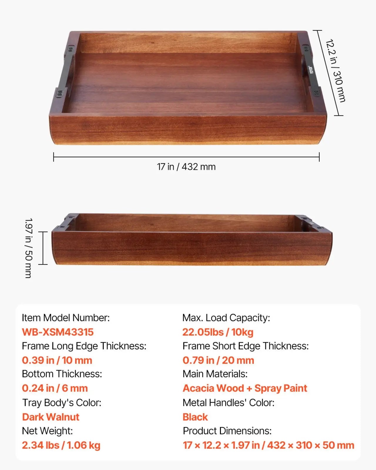 Dark walnut acacia wood serving tray with black metal handles for elegant serving and presentation