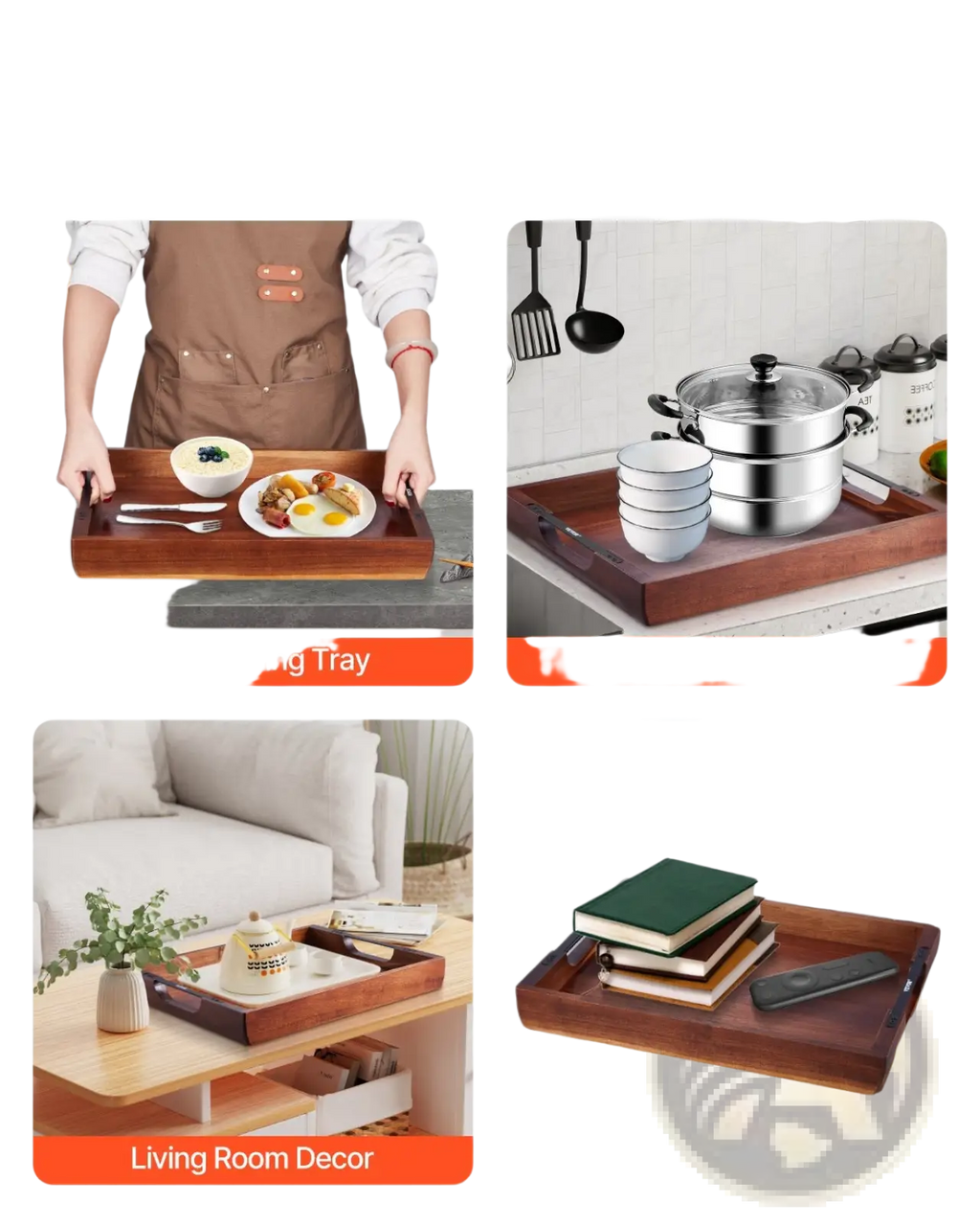 Acacia wood serving tray with smooth polished finish and sturdy black metal handles on each side