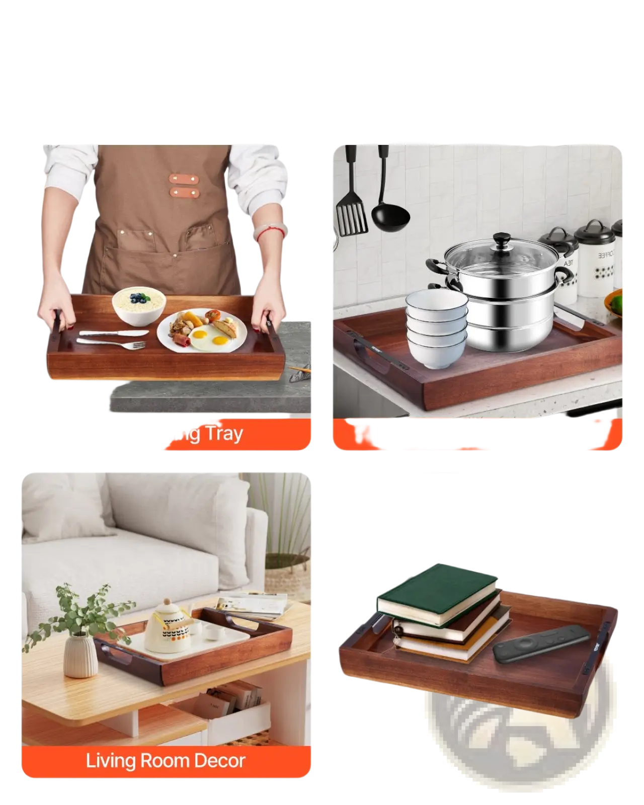 Acacia wood serving tray with smooth polished finish and sturdy black metal handles on each side