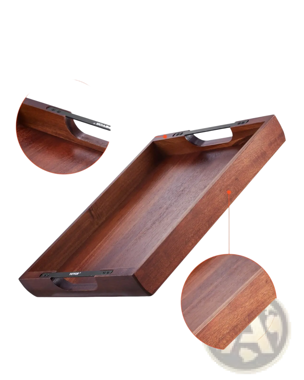 Rectangular acacia wood serving tray with rich brown finish and black metal handles reinforced with sturdy edges