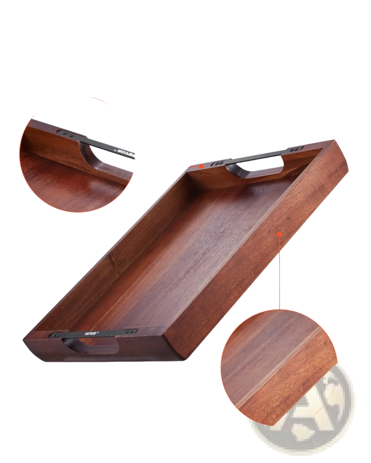 Rectangular acacia wood serving tray with rich brown finish and black metal handles reinforced with sturdy edges