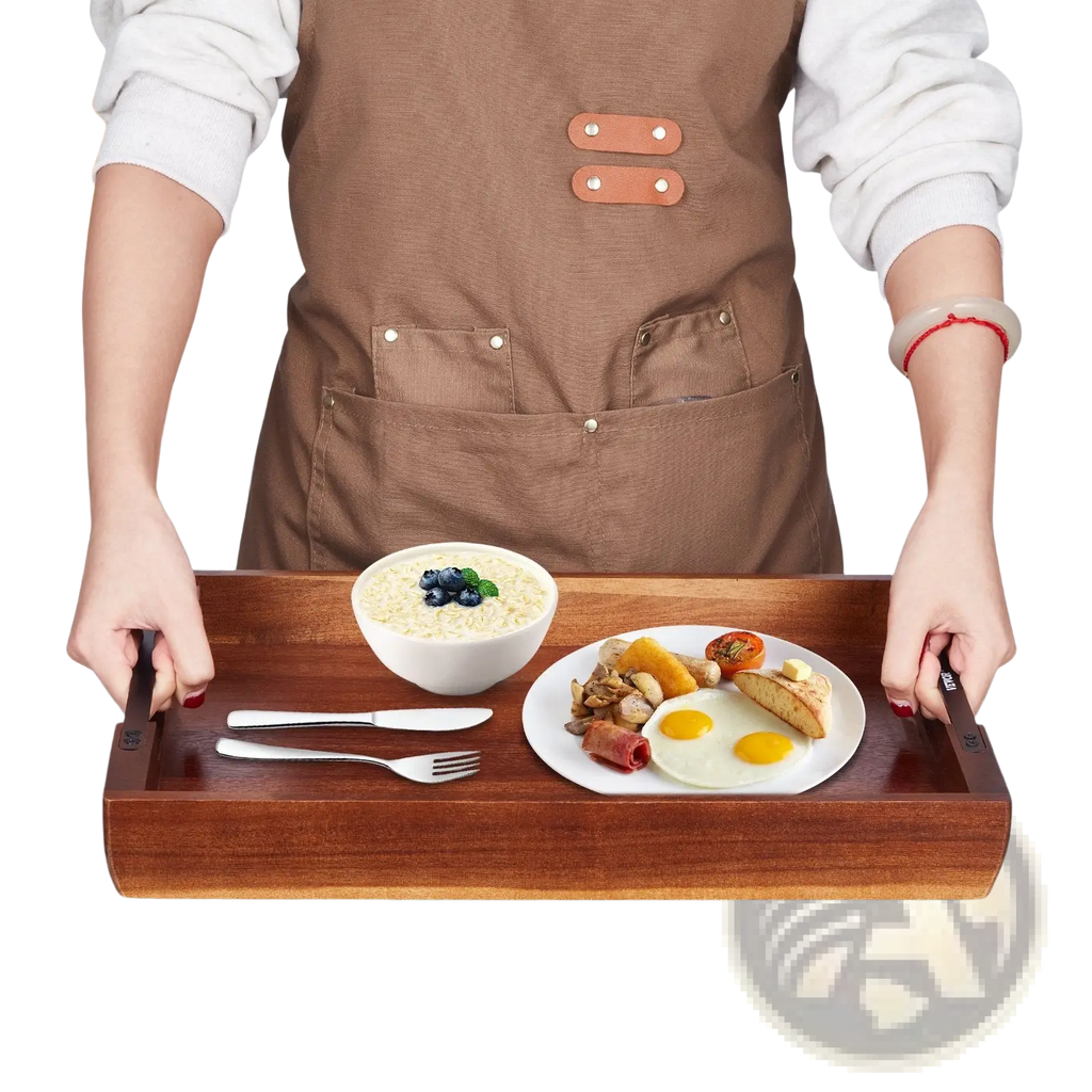 Acacia wood serving tray with brown polished finish and black metal integrated handles for easy carrying