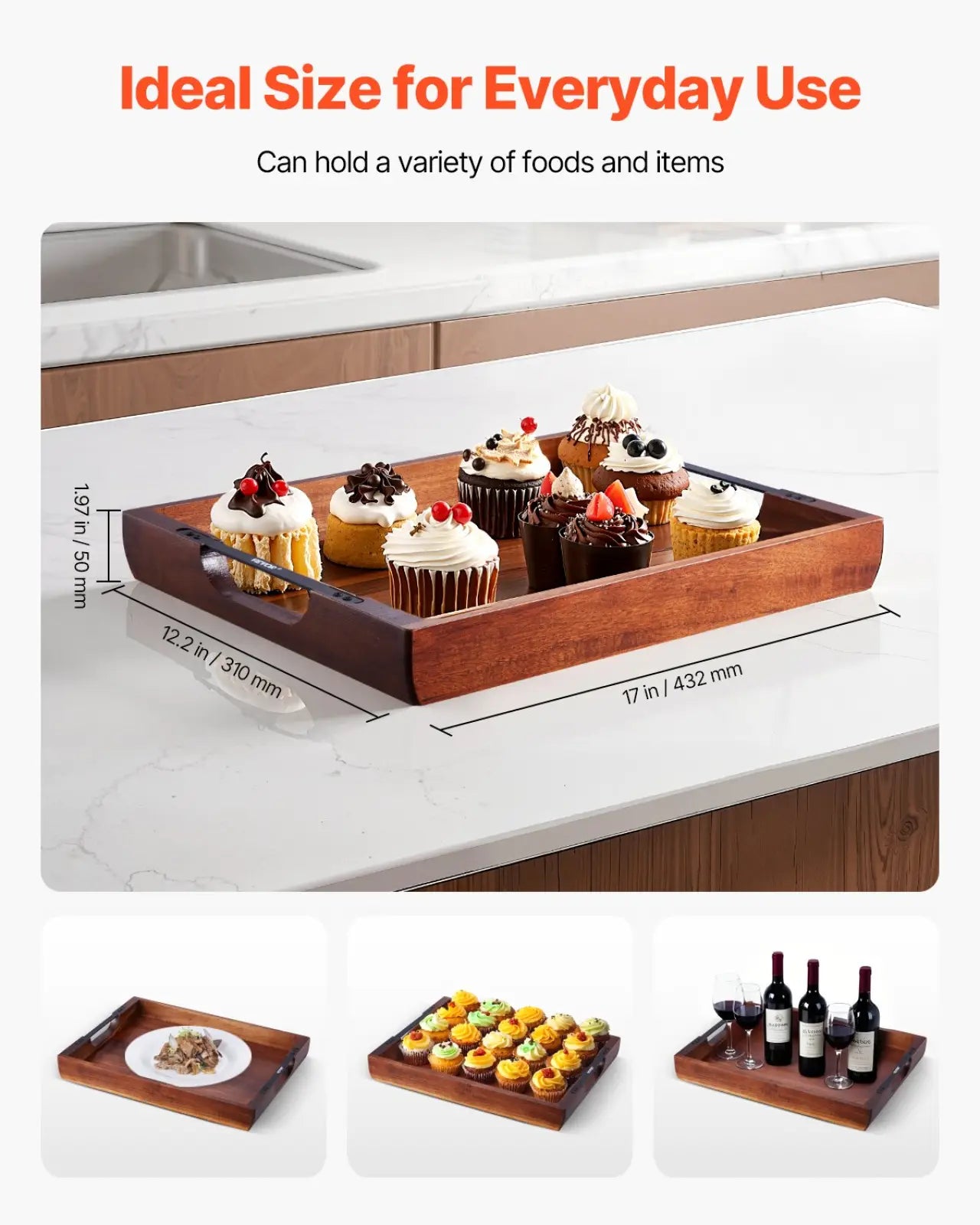 Acacia wood serving tray with dark brown finish and integrated black metal handles on each side