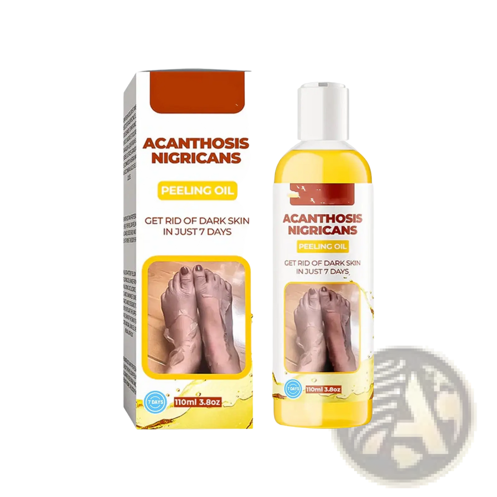 Yellow acanthosis nigricans peeling oil in clear bottle with white cap and matching box for dark spots 110ml