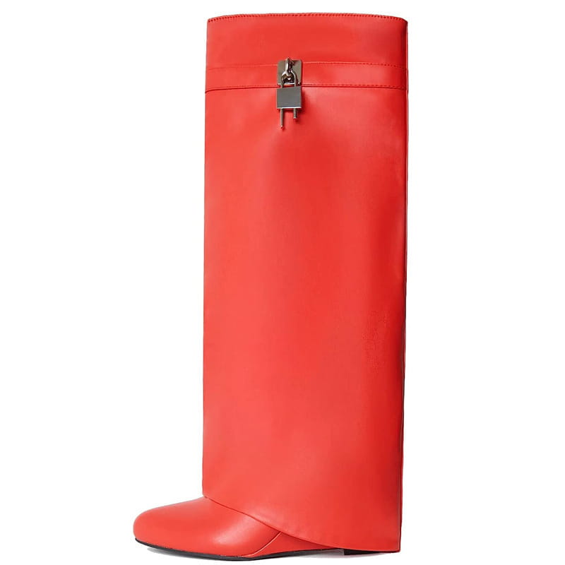 Vibrant red Givenchy knee high wedge boot with sleek leather finish and signature silver tone padlock clasp.