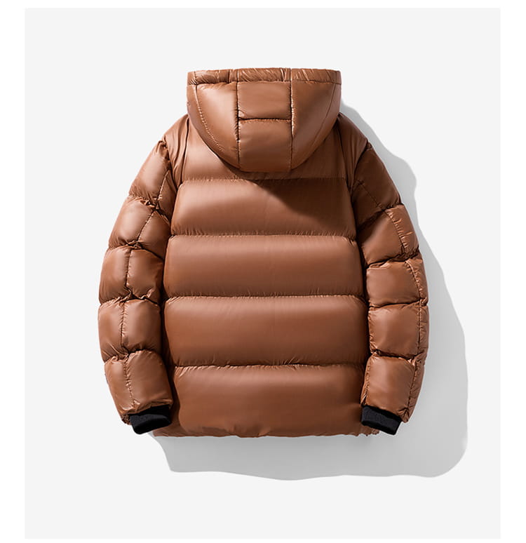 Men’s hooded corduroy puffer jacket in brown featuring quilted panels and black ribbed cuffs designed for plus size.