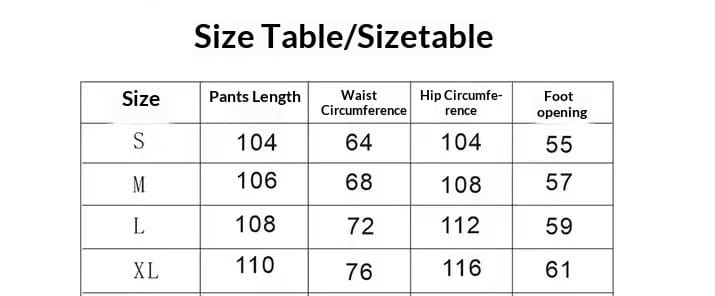 Tabla de tallas para pantalones de mezclilla tipo cargo de pierna ancha y desgastada que muestra medidas en pulgadas de la talla pequeña a la extra grande.
