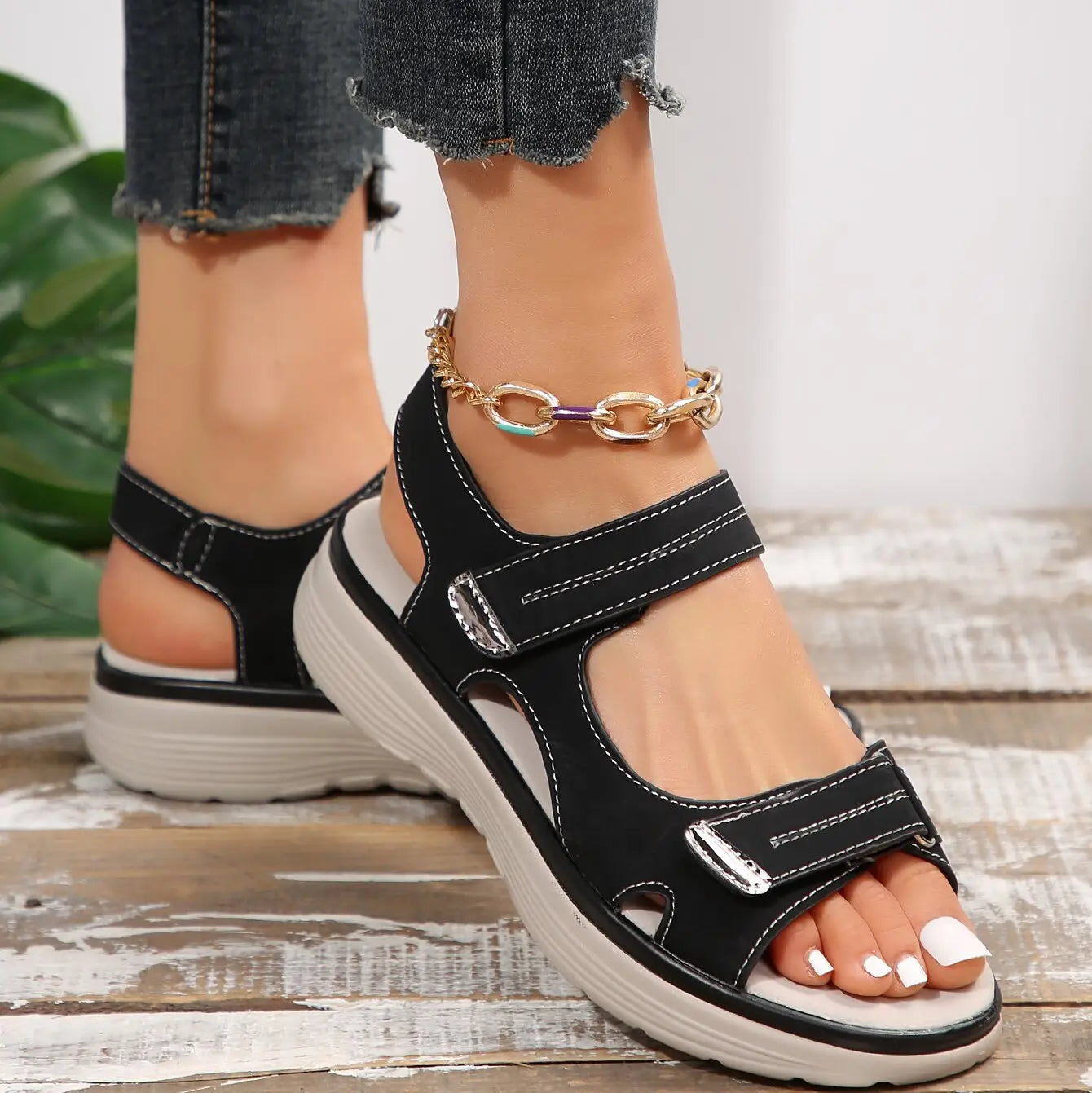 black lightweight fish mouth platform sport sandals for women with two velcro straps white stitching and chunky sole