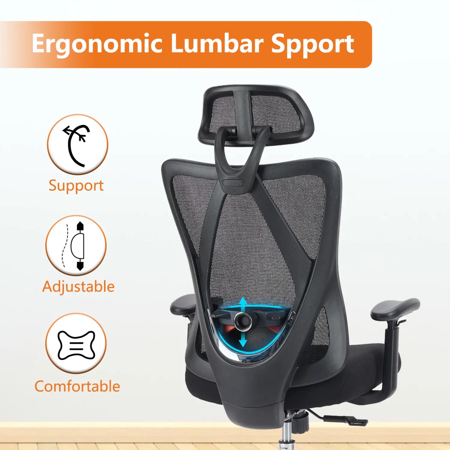 black ergonomic mesh office chair with adjustable lumbar support and headrest shown from the back side