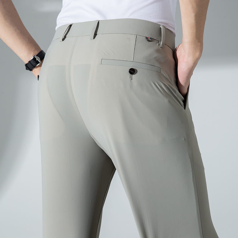 Beige slim-fit men plus size stretch casual pants featuring a sleek modern design and subtle stitching details.