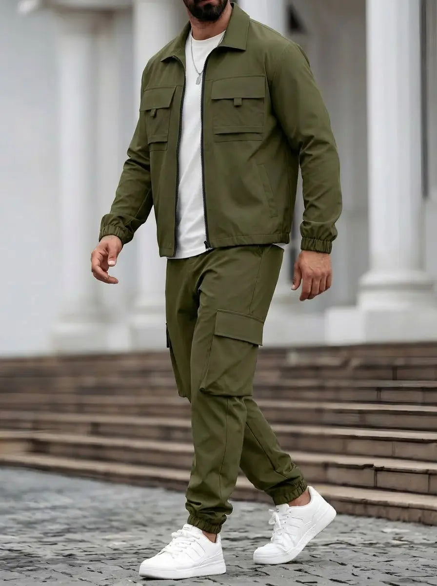 Olive green mens utility zip up workwear jacket with two chest pockets and elastic cuffs designed for durability and functionality.