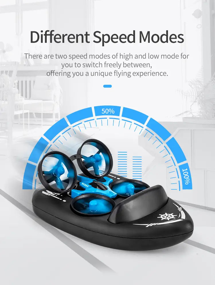 Dron cuadricóptero de color azul y negro con cuatro hélices apoyadas sobre una base de carga, presentado como parte de un juguete dron planeador volador RC 3 en 1 para tierra, agua y aire