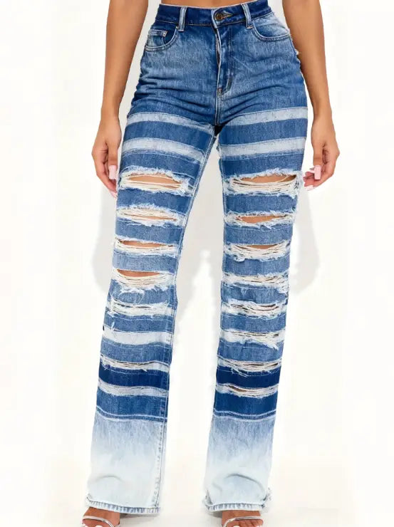 Straight leg medium wash high waisted denim jeans with a faded blue gradient and multiple horizontal rips along the legs.